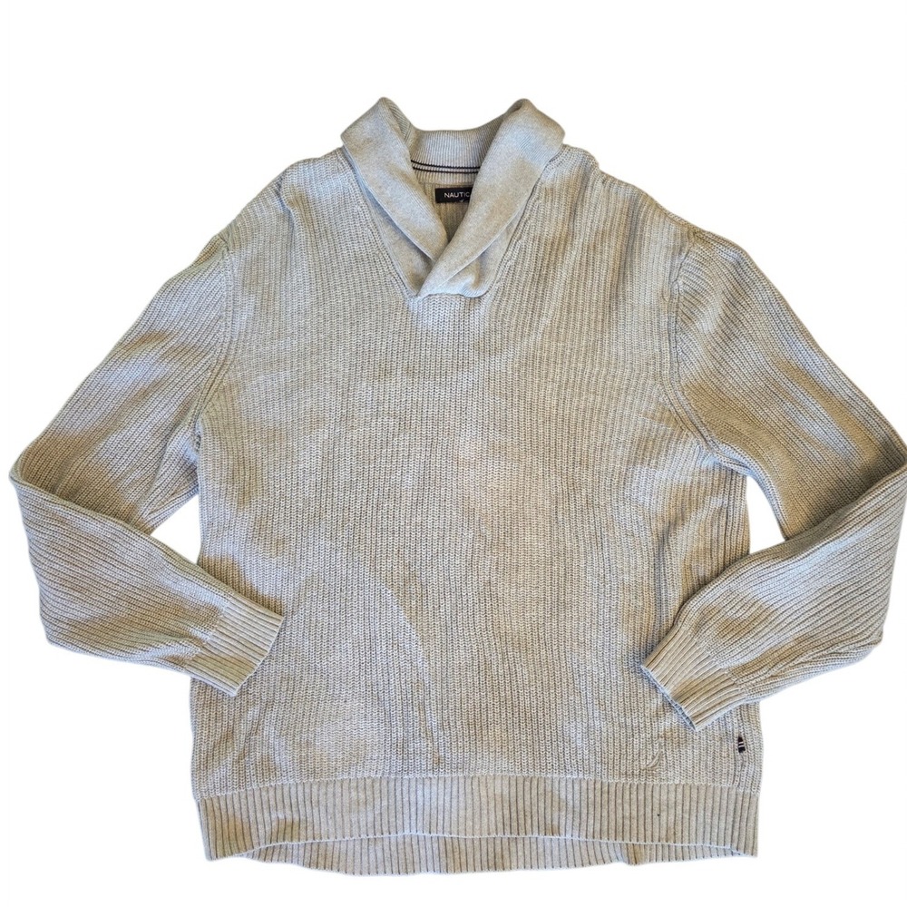 Nautica Mens XXL Gray Ribbed Shawl Collar Pullover Sweater Cotton Blend Logo
